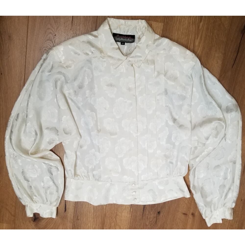 VTG -Lady Manhattan Cream Floral Button up Long Sleeve Button Cuff Blouse Sz 12